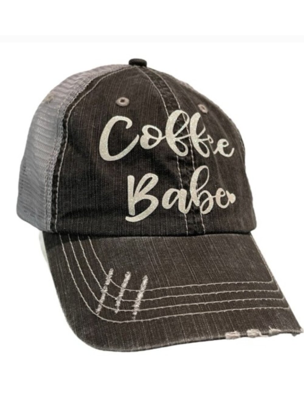 Mega Cap Coffee Babe Distressed Trucker Hat Gray Herringbone Velcro